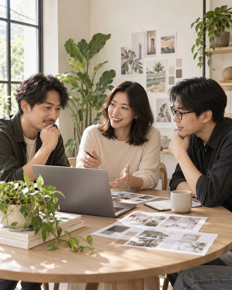 行銷團隊共同討論創意與品牌策略的情境示意圖